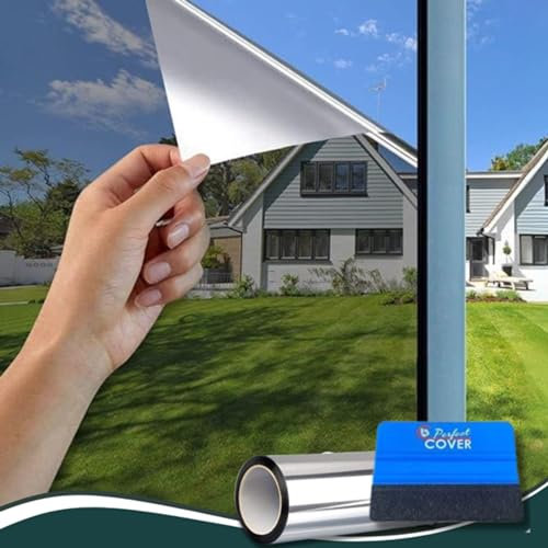 Perfect Cover Film fenetre Anti Regard, Film Adhesif Effet Miroir sans Tain pour Vitre Papier Anti Chaleur Feuille Miroir Occultant à Sens Unique Anti UV, pour Bureau Cuisine Maison (90x200)