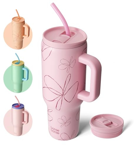 BOTTLE BOTTLE bottlebottle 40oz (1.2L) Kaffeebecher aus Edelstahl mit Griff & Strohhalm, BPA-frei, isolierter Thermobecher für Reise, Büro, Uni & Sport, Geschenkidee (Pinke Blumen)