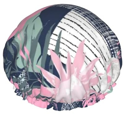 Doppelschichtige Duschhaube für Damen, Motiv: rosa Flamingo und Blätter, wiederverwendbar, geeignet zum Baden und Spa