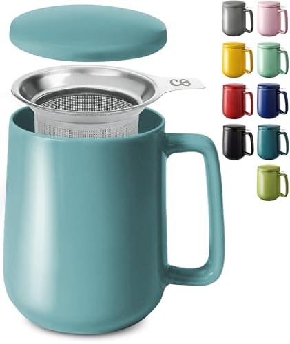 Tazza di Ceramica con Filtro e Coperchio - 500ml Grande - Con Manico - Lavabile in Lavastoviglie - Per Tè e Infusi - Blu acqua