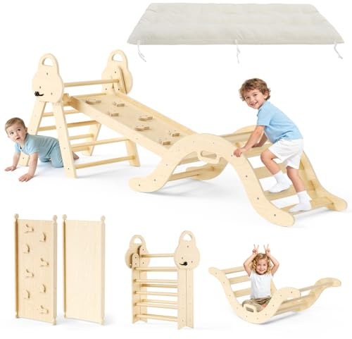 nmoiww Swing Interior para niños pequeños, Escalera de Escalada Triangular Plegable, Swing de Madera, Juguete de Escalada Montessori, Carga 64 kg para Interiores y Exteriores (Color de Madera-7 in 1)