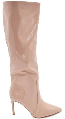 Kvinnor Höga Glänsande Naken Lack Knäfärg Blixtlås Stiftklack Stövlar 12 cm Vinyl, Beige, 36 EU