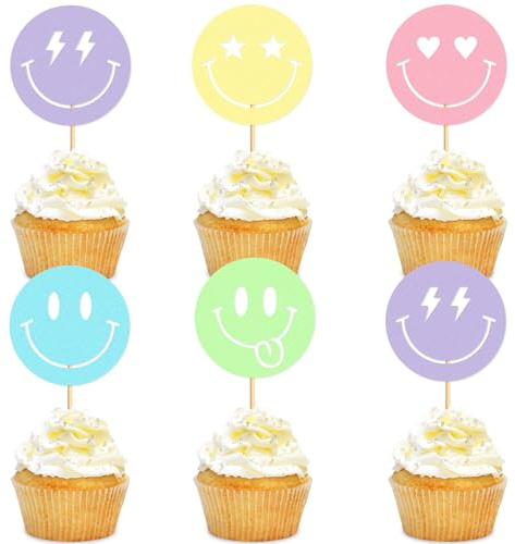 Blumomon 30Stück Lächeln Gesicht Cupcake Toppers Picks Preppy Y2k Thema Einzelparty Party Cupcake Dekorationen Geburtstagsfeier Dekorationen Zubehör (Farbe)