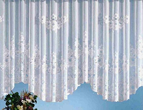 heimtexland Gardinen Jacquard Store mit Kräuselband weiß halb-transparent, Blumen Bordüre gebogt, Vorhang Typ1 - Bogenstore HxB 145x750 cm für Fensterbreiten von 250-300 cm