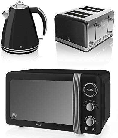 New Swan Kitchen Appliance Retro Set - Black Digital 20L Microwave, Black 1.5 Litre JUG Kettle & Black Retro Stylish 4 Slice Toaster Set