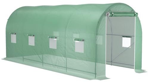 Outsunny Serra per Orto con 8 Finestre e Porta Avvolgibile, Serra da Giardino a Tunnel, Serra per Piante con Struttura in Metallo e Telo in Polietilene, 5x2x2m, Verde