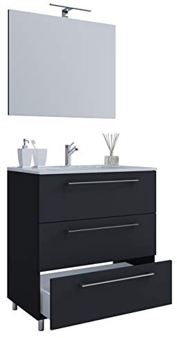 VCM 3-TLG. Waschplatz Waschtisch | Waschbecken Unterschrank Breite 60 cm | Badmöbel Set stehend mit DREI Schubladen Spiegel | Badinos