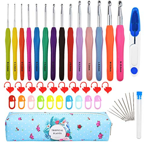 JOZEA Crochet Hooks Set, Crochet Kits, 14-Piece Ergonomic, Soft, Non-Slip Yarn Crochet Hook with Rubber Handles, Ideal for All Types of Patterns and Yarns, Blue