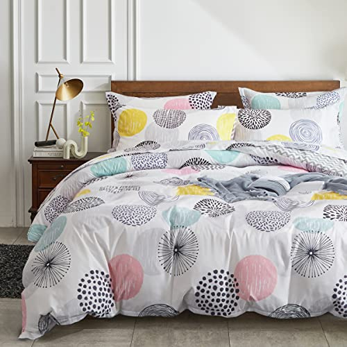 Juego de sábanas de edredón de 7 piezas tamaño Queen en una bolsa, estilo de puntos coloridos, microfibra suave, juego de cama reversible de primavera (1 edredón, 2 fundas de almohada, 1 sábana