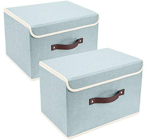 TYEERS Collapsible Storage Boxes, Washable Fabric Storage Bins with Lids, 14.9x9.8x9.8 inches, 2 Pack, Aqua Spring