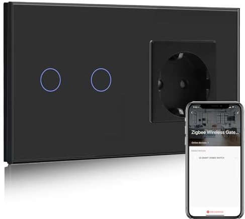 BSEED Normal enchufe con Smart ZigBee Interruptor de Luz,Compatible con Alexa y Google Home,Control de APP,2 Gang 1 Vía Interruptor de Luz con Enchufe Negro(Zigbee Gateway Hub Requerido)