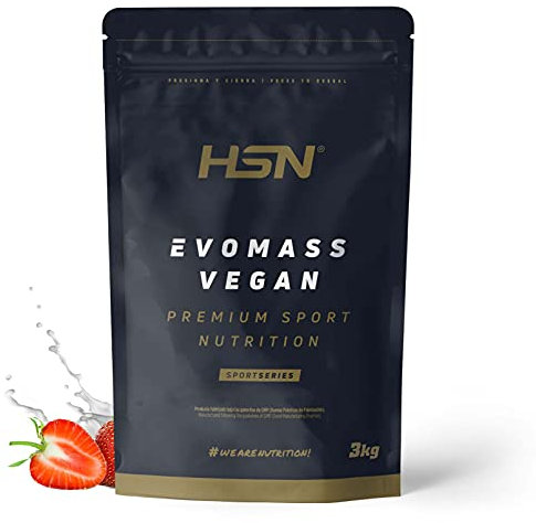 Batido de Carbohidratos y Proteínas Vegano de HSN Evomass Vegan | Sabor Fresa 3 Kg = 30 Tomas por Envase | Harina de Arroz + Proteínas Vegetales, Creatina y CLA | No-GMO, Sin Gluten