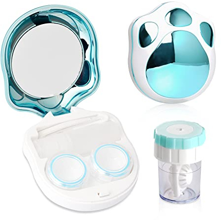 Carino gatto zampa di contatto caso lente caso di viaggio kit con rondella pulitrice, scatola di contatto portatile con specchio pinzette strumento di rimozione bottiglia per uso quotidiano all'aperto
