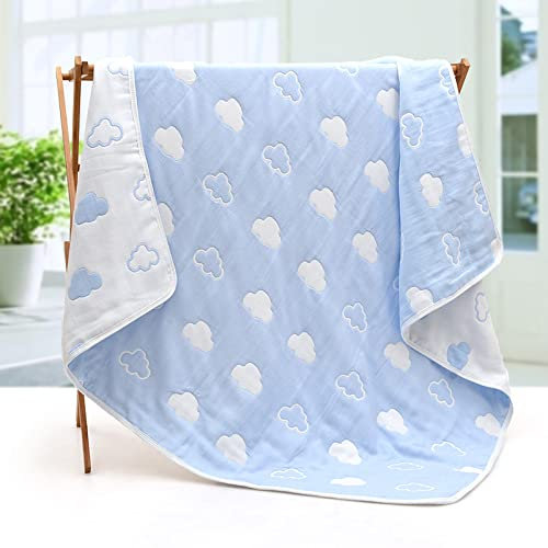 YZLFHO Musselin Babydecke, Superweich Baumwolle Kuscheldecke, sechs Lagen Decke Pucktüche für Kinder et Baby Kinderwagen Blaue Wolke 80X80CM