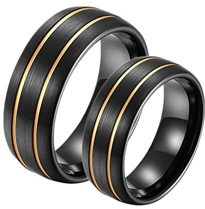 AMDXD Trauringe Paar, 8mm Wolfram Verlobungsring Frau Gold Schwarz mit Gebürstet mit Rille Trauringe Männer, 2Pcs, Frauen 57 (18.1) & Männer 67 (21.3)