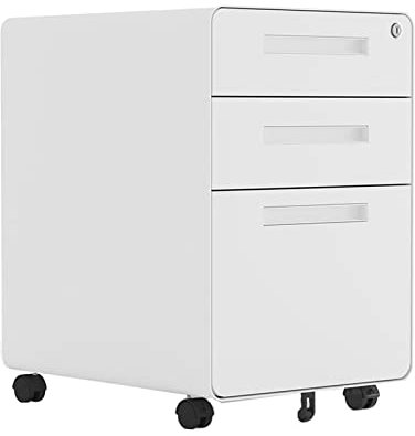 Aktenschrank Mobiler Aktenschrank aus Metall mit 3 Schubladen, weißer Roll-Aktenschrank mit Schloss, Aktenschrank unter dem Schreibtisch, passend for Legal/Letter/A4-Format for Zuhause/Büro, komplett