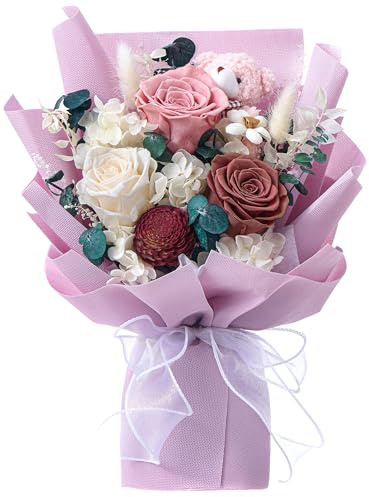 Polylove Forever Flower Bouquet Flowers for Delivery Prime Preserved Roses with Bear Gift Box for Wife Women Mother Day Anniversary Birthday (Purple)