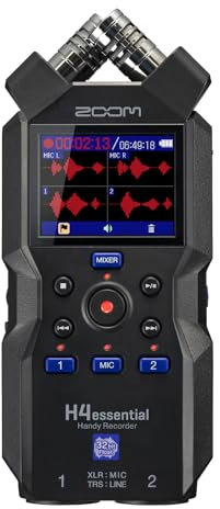 Zoom H4essential Handy Recorder (2024 Essential Series) | 4-track 32-bit | enhanced X/Y microphones | 2 XLR/TRS inputs | record live music | podcast | film sound | content | audio guide | black