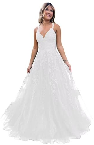 Damen V-Ausschnitt Tüll Abendkleider Applikationen Spitze Lange A Linie Spaghettiträger Ballkleid Quinceanera Kleider für Teens