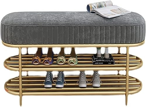 EsEntL Schuhbank im Eingangsbereich, Aufbewahrungsbank, Bettbank, Metall-Schuhbank mit 2-stufigem Ablagefach, Schuhhocker mit gepolstertem Kissensitz für Wohnzimmer, Flur, Eingang (Farbe: Grau, Grö