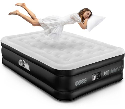 Airefina Double Airbed with Built-in Electric Pump, Inflatable Air Mattress in 3 Mins Self-Inflation/Deflation, Flocked Surface Guest Blow Up Bed, Portable Air Bed for Home Camping 190x137x46cm