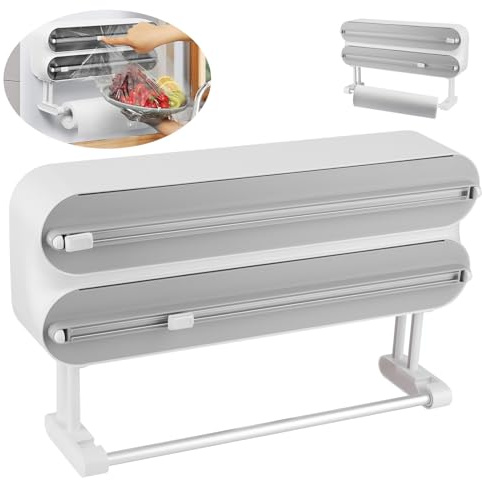 WIGUROE Cortador magnético 3 en 1, soporte de papel para rollo de cocina, soporte de rollo montado en la pared, dispensador de papel de aluminio y envoltura de plástico recargable, soporte para