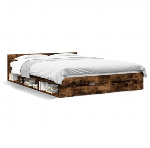 Homgoday Bettgestell mit Schubladen Stauraumbett Bettrahmen Schubladenbett Einzelbett Doppelbett mit Lattenrost Gästebett Jugendbett Räuchereiche 135x190cm Holzwerkstoff