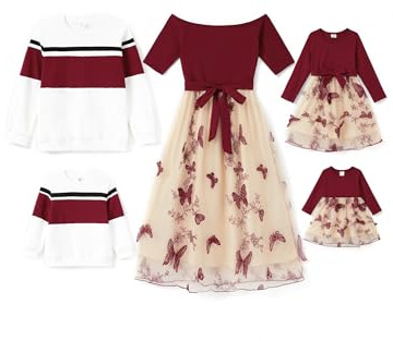 PatPat Ensemble de Tenues familiales à Manches Longues - Look Partenaire - Robe mère Fille - T-Shirt à Manches Longues et Robe mère Enfant - Vêtements pour l'automne et Le Printemps/Homme et garçon