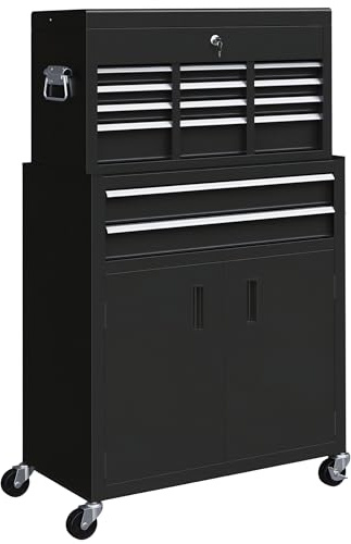 HOMCOM Tool Chest, Metal Tool Cabinet on Wheels with 6 Drawers, Pegboard, Top Chest and Roller Cabinet Combo, 61.6 x 33 x 108cm, Black