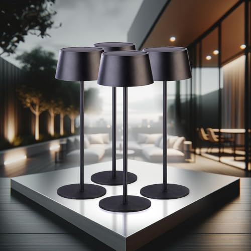 Lunartec Solar Tischlampe außen: 4er-Set LED-Solar-Tischleuchte, 150 Lumen, 1.200 mAh, dimmbar, USB (LED-Tischlampe Akkun, Außenlampen)
