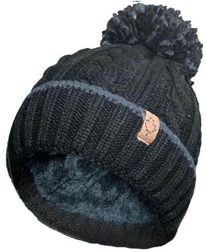 OnlyBee Mens Warm Winter Chunky Ski Bobble Pompom Hat with Cosy Thermal Teddy Fleece Lined (UK, Alpha, One Size, Black)