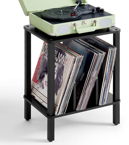 LELELINKY 2-Tier Record Player Stand with Vinyl Record Storage up to 100 Albums, Bedroom Record Holder and Multi-Functional End Table for Living Room, Black