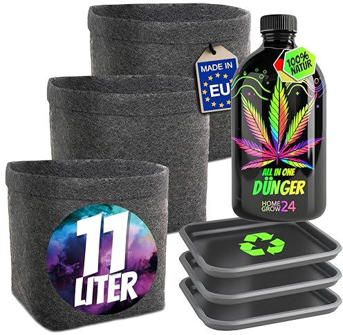 Homegrow24 Cannabis Dünger Indoor & Outdoor für Cannabispflanzen Wachstumsphase und Blütephase BIOlogischer organischer Grow & Bloom Hanfdünger I Starter Set (500 ml + 3 stk. Filztöpfe & Untersetzer)