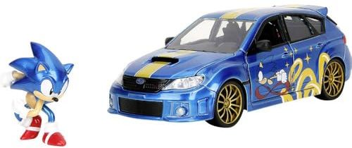 Jada Toys Sonic The Hedgehog bil Subaru Impreza WRX STI 2012 (19 cm) med figur (6 cm) – modellbil med dörrar att öppna, leksaksset av metall för fans och barn från 8 år