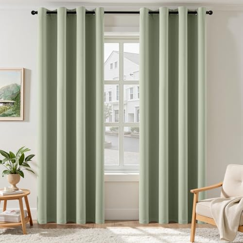 EMEMA Blickdicht Vorhänge mit Ösen 2er Set 140x215cm Salbei Grün Gardinen | Verdunklungsvorhänge mit Ösen 215CM Lang bdunkelnde Thermovorhang für Wohnzimmer Schlafzimmer Ösenvorhänge H215xB140CM