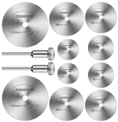 10 Pezzi di Dischi di Sega Circolare in Metallo per Dremel, Strumento Multifunzione per Trapano Angolare, con 2 barre da 3,17 mm, Adatto per il Taglio di Plastica, PVC, Legno e Metalli Molli