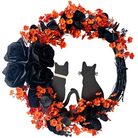 Cute Katzen Kränze,Halloween-Kränze für Haustür,Moon Katzenkranz mit schwarzer Rosen,Künstliche Pflanzen Katzenkranz Haustür Deko,Indoor Outdoor Gothic Girlande Türkranz Deko