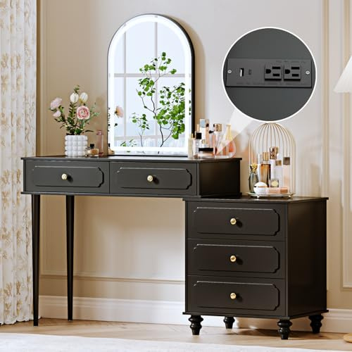 Ieejdn Black,Vanity Desk with Mirror and Lights,Makeup Vanity with Power Outlet and Adjustable Cabinet,Modern Makeup Table with 3 Drawers for Bedroom Makeup Room