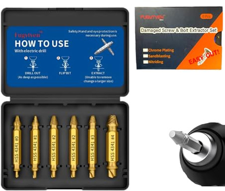 Damaged Screw Extractor Kit - 6PC HSS 4341 Chrome Plating Screw Remover for Stripped, Rusted & Broken Bolts | Pro-Grade Drill Bits | Includes Storage Case | Ideal for DIY & Professionals Fugytven