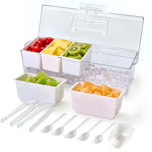Luckore Chilled Condiment Caddy Server with 5 Removable Compartments Containers & Hidden Handle Design, Ice Chilled Condiment Tray Organizer, Clear Garnish Tray for Camping, Kitchen, Fruit, Salad