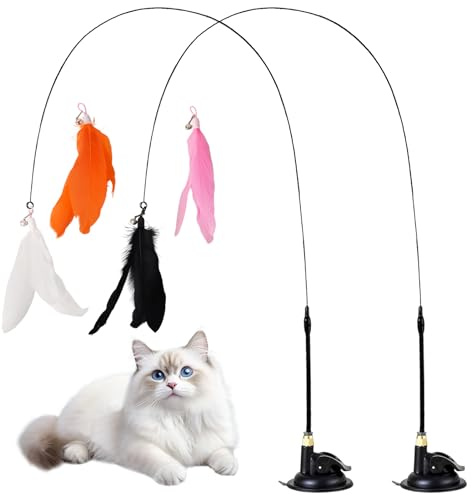 DEARBAG Juguetes para Gatos, Paquete de 2 Cañas de Pescar con Ventosas, 4 Plumas y Cascabeles, Juguetes Interactivos Naturales para Gatos, Cañas de Pescar para Que Los Gatitos Se Muevan y Jueguen (1)