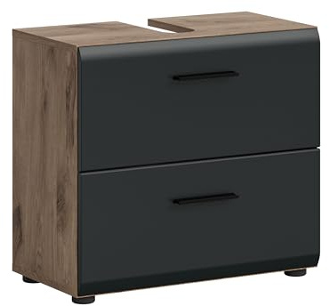 xonox.home – Waschbeckenunterschrank Ice 60x54x60 cm in Korpus Nox Oak Nachbildung und Front schwarz matt – Moderner Badschrank Unterschrank für Waschbecken – warm & natürlich
