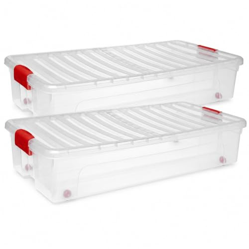 Muddy Hands Pack of 2-35 Litre Under Bed Storage Boxes with Wheels - Clear Plastic Storage Containers with Clip Locking Folding Lids - Stackable Organisers for Clothes, Bedding & Toys (Clear)