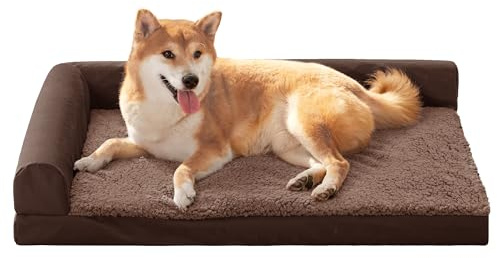 Jolibean Orthopedic Dog Bed Medium Size Dog 76X51cm, Waterproof L Bolster Medium Pet Sofa Beds with Removable Washable Cover, Soft Comfortable Pet Couch Crate Mat with Nonskid Bottom, Brown