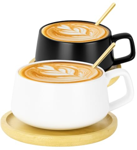 AOOTE Lot de 2 Tasses à Cappuccino avec soucoupe,320ml Ensemble Tasses à Expresso en Grès,set de tasses et soucoupes,tasses à café avec disque en bois pour café, cappuccino,thé(Noir et blanc)