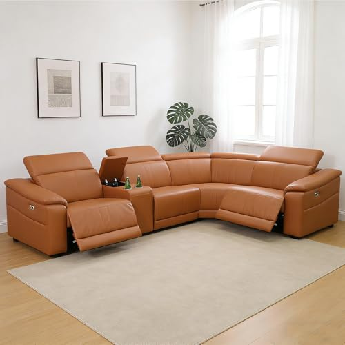 SITYRUBE Power Recliner Sofa Set, 5 Seat Breathing Leather Reclining Corner Couch, Living Room Furniture Set with 2 Recliner Seats/Cup Holders/Hidden Storage for Living Room/Home Theater(Orange)
