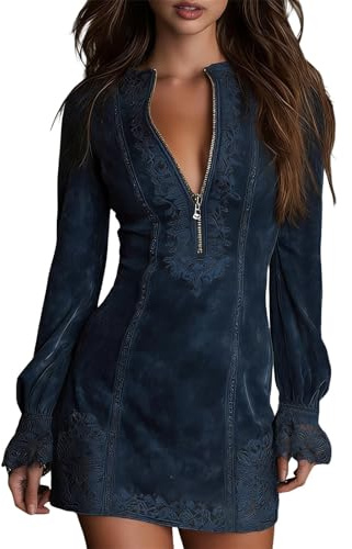 Mini robe en daim pour femme – Col en V Fermeture Éclair Manches Longues Bordure en Dentelle Style Vintage Western Cowgirl Casual, bleu, S