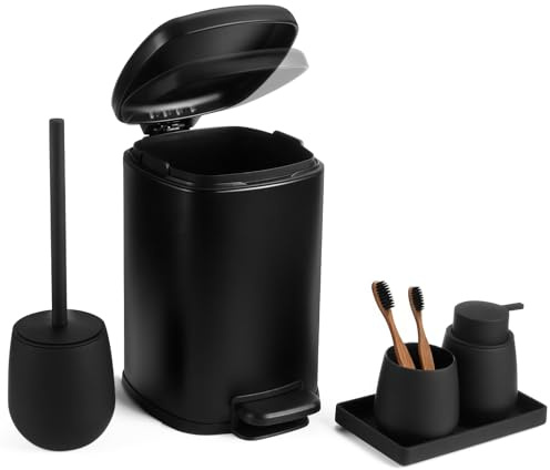 AJEUNGAIN 5-teiliges Badezimmer Set Schwarz mit 6 L Metall Mülleimer Treteimer mit Inneneimer, Seifenspender, Zahnputzbecher, WC-Bürste & Ablageschale, Modern Badezimmer Organizer (Schwarz)
