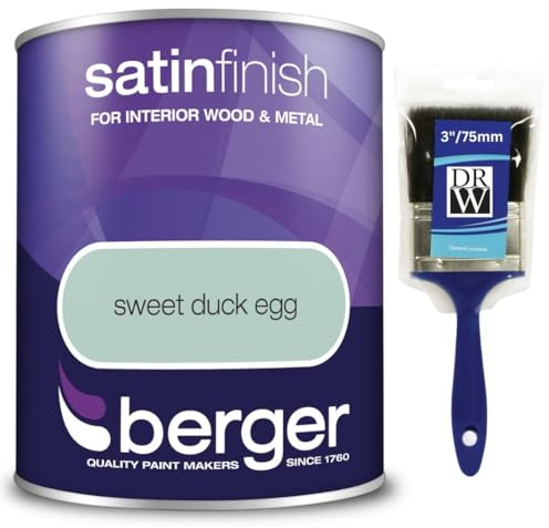 DRW Sweet Duck Egg Satin Finish Paint 750ml+2 Brush | Interior Wood and Metal Paint | Durable Mid Sheen Satin Finish | Trim Paint for Doors Skirting Boards Window Frames and Furniture