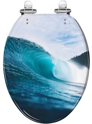 Länglicher WC-Sitz aus Kunstharz mit Wellenmuster für Surfer in Bali, Ozeanblau, mit leisem Absenkmechanismus, Schnellverschluss-Scharnieren, Stoßdämpfern und einfacher Reinigung. Montage: L